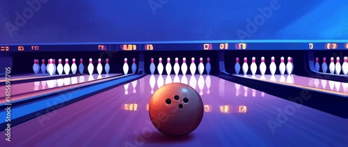 Bowling alley scene with a bowling ball on the lane ready for a strike game