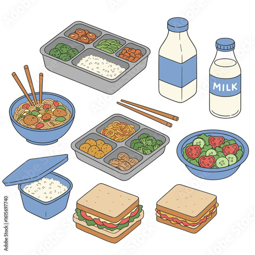 Diverse variety of school lunch items including salads and sandwiches  