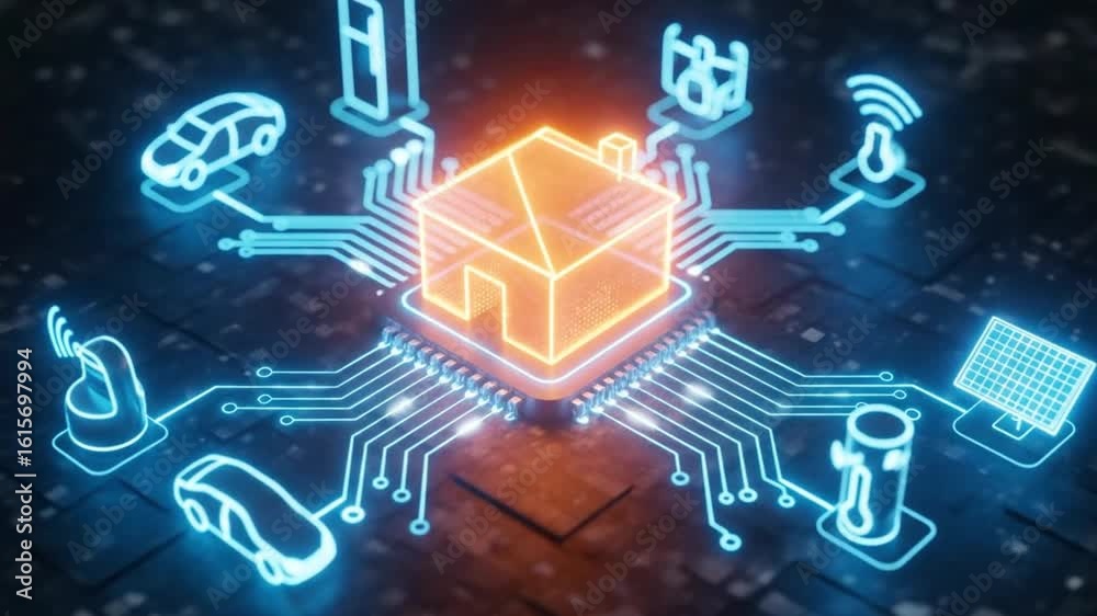 A central smart home hub connects various devices and services through a glowing digital network, representing the internet of things