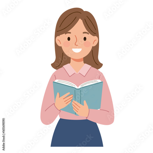 Teacher with open book smiling while standing in casual outfit  
