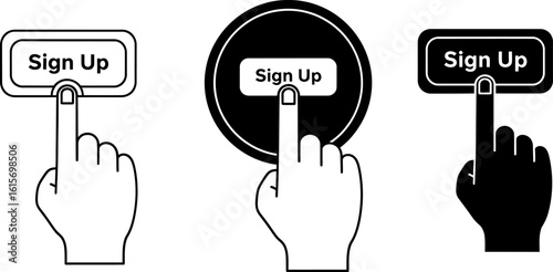 Three hands pressing the sign up button for online registration