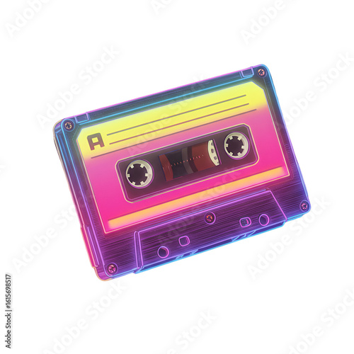 Neon Cassette Tape Illustration On Isolated Transparent Background