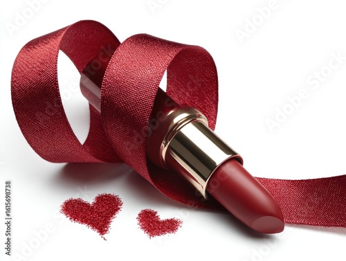 Valentine's Day Gift Box with Red Lipstick and Heart Drawing on White Background