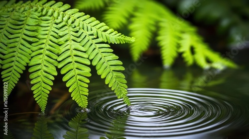 Fototapeta Naklejka Na Ścianę i Meble -  Lush Green Fern Leaves Reflected in Calm Water with Gentle Ripples and Soft Focus Background Effects