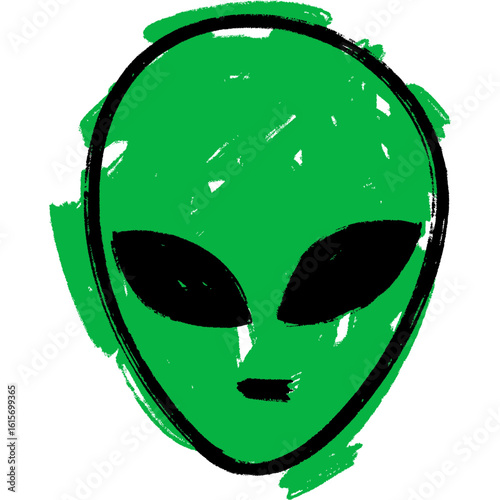 Green Alien Face Drawing, hand drawn alien head crayon style 