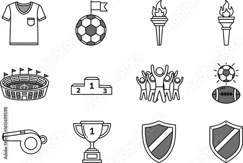 Collection of hand drawn sports icons representing competition and victory