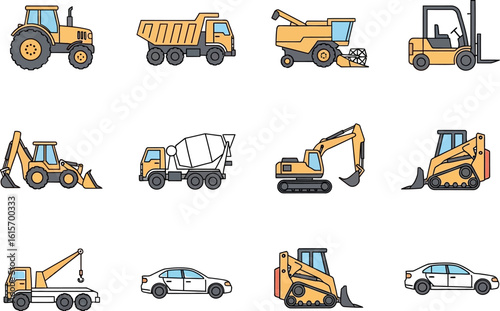 Collection of various construction and agricultural vehicles and cars