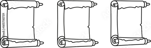 Three antique parchment scrolls displayed side by side in a line