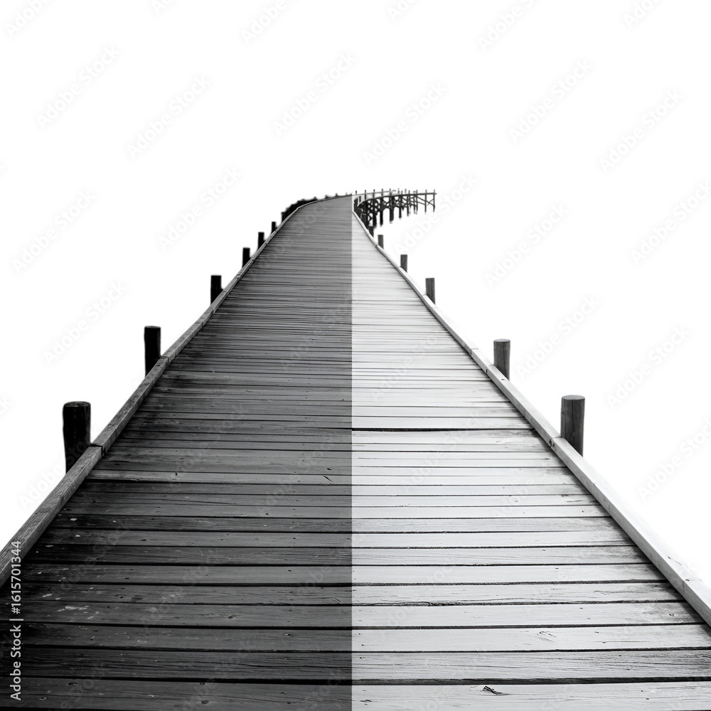 Obraz premium Monochrome Perspective Wooden Bridge Illustration On Transparent Black Background