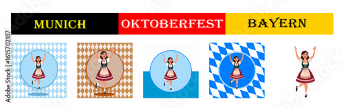 From the "oktoberfest" series, a set of girl in a dirndl dances a folk dance with different variants of bavarian ornaments and backgrounds	
