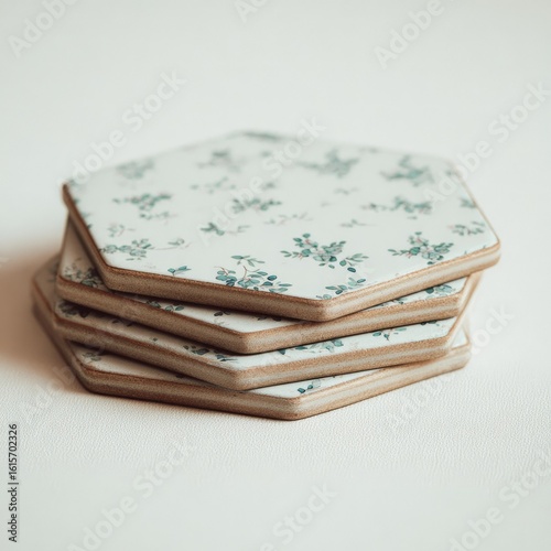 Stacked hexagonal ceramic coasters with a delicate floral design.
