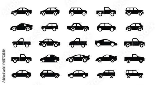 Simple car icon collection isolated on a white background. Front view symbol of auto, vehicle, automobile, sedan, van. Transport, car sharing, or delivery concept icons. Flat style vector illustration