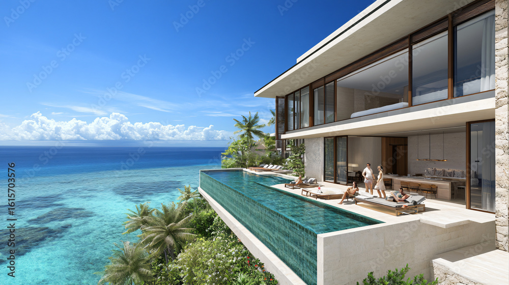 Obraz premium Stunning coastal house overlooking the majestic ocean waves and breath-taking seascape views