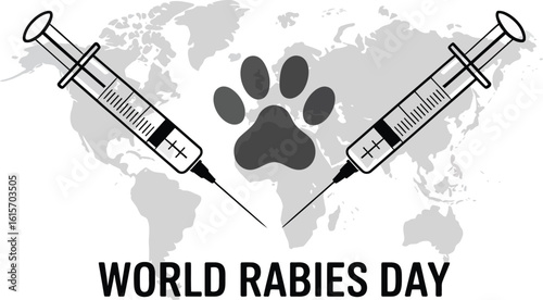 World Rabies Day Vector Illustration with Global Map, Paw Print, and Syringes for Vaccination Awareness and International Disease Prevention Campaign