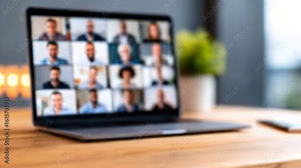 Fototapeta premium online meeting at home workspace with laptop screen showing diverse team members, clean desk, copy space on side