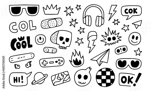 Hand-drawn doodle vector set with cool icons like skulls, smiley faces, lightning bolts, game controller, and more. Perfect for t-shirts, stickers, and streetwear graphics.