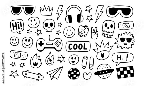 Hand-drawn doodle vector set with cool icons like skulls, smiley faces, lightning bolts, game controller, and more. Perfect for t-shirts, stickers, and streetwear graphics.