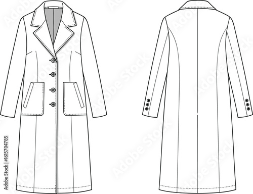 Flat sketch front and back view of long overcoat, formal winter trench coat design, fashion clothing template, vector apparel mockup, coat illustration for design