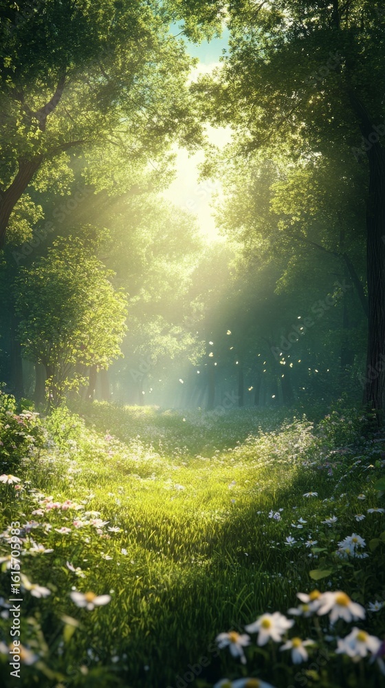 Fototapeta premium Walking Through Forest Meadow with Sunlight and Wildflowers