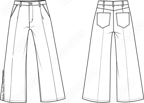 Flat sketch front and back view of wide leg denim pants, fashion jeans template, casual trousers vector mockup, clothing design illustration for apparel creation