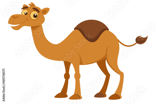 Friendly cartoon camel with one hump and a brown saddle
