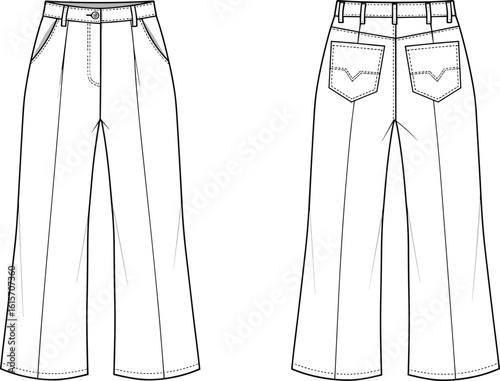 Flat sketch front and back view of wide leg jeans, denim trousers fashion template, vector apparel mockup, clothing design illustration, casual pants for design