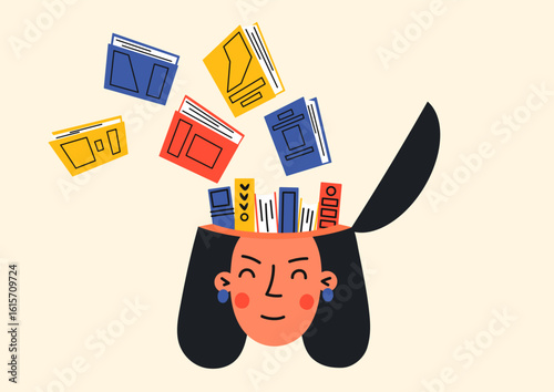 Woman with books in her head. Author, reader, or writter. Education, literature; learning, studying concept.