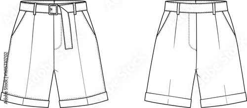 Technical fashion flat of women's belted shorts front and back view, cuffed hem, detailed drawing, apparel design sketch, vector illustration, black outline