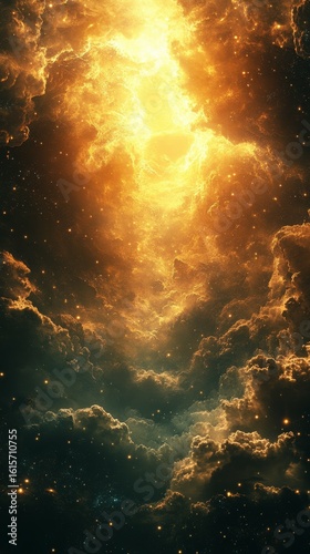 Golden Nebula Clouds and Stars Glowing in Space