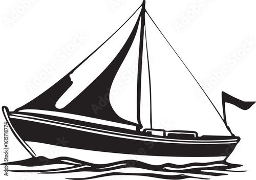 Simple Monochrome Illustration Of A Classic Sailing Vessel On Calm Waters Below