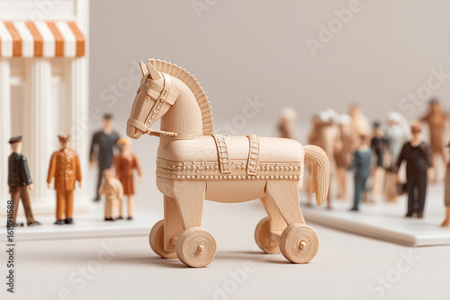 diorama of a wooden trojan horse from greek mythology driving down the middle of a modern city street