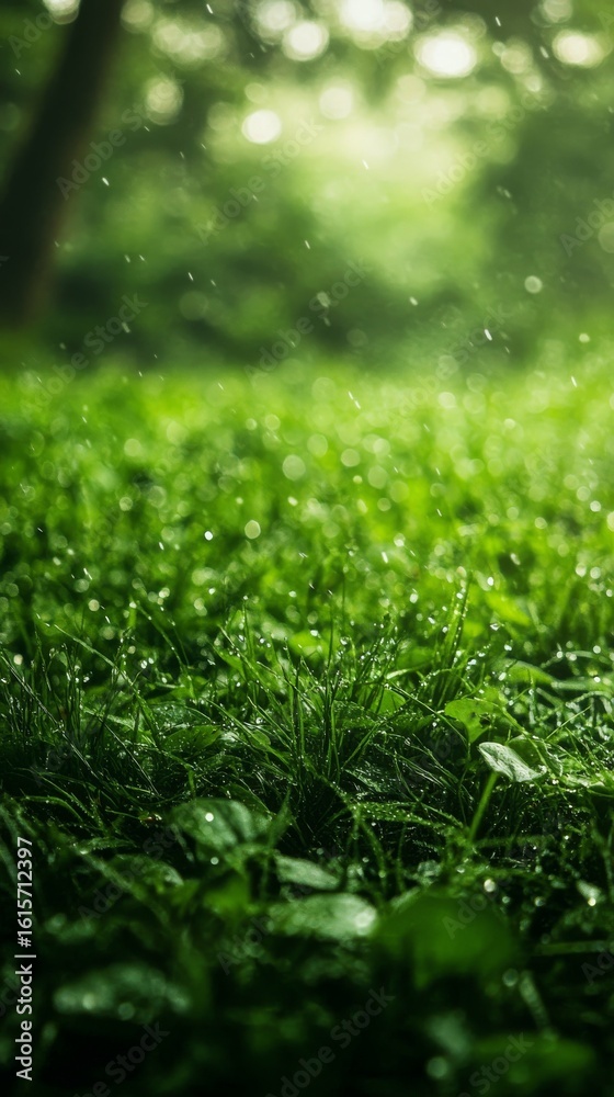 Fototapeta premium Rain Falling on Green Grass in Forest Setting