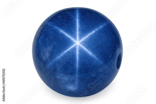 Blue star sapphire cabochon displaying sharp six-rayed asterism effect, gleaming against transparent surface, highlighting gem's unique optical properties