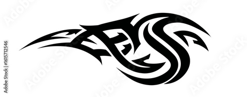 tattoo, Abstract black and white graphic design with bold, interlinking lines creating dynamic movement,