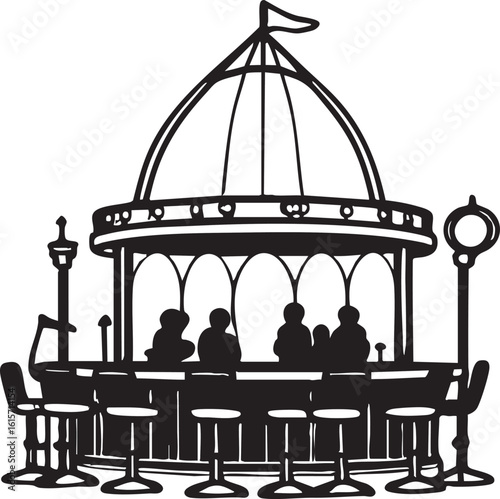 Silhouette Illustration Of People Gathered At a Bar Inside A Unique Domed Structure