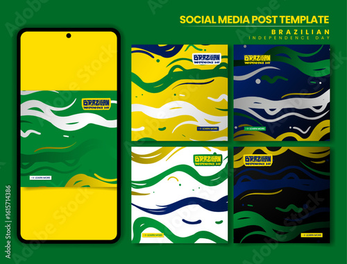Brazil independence day. Set of carousel post with flat smoke in green yellow blue background