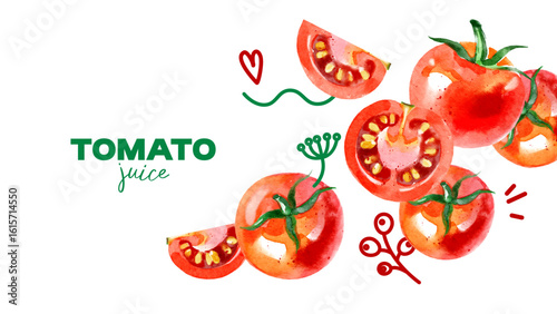 Watercolor tomatoes poster. Hand drawn vegetables design for juice label, recipe book, food blog. Vector illustration.