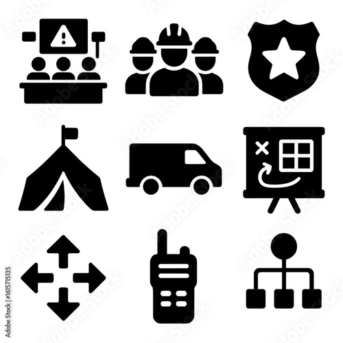 Civil Defense Icons. Solid style icons of civil defense and coordination: emergency operations center, disaster response team,