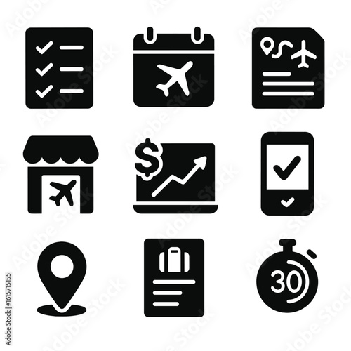 Travel Planning Icons. Solid style icons of travel planning: checklist icon, calendar with trip dates, itinerary document, travel
