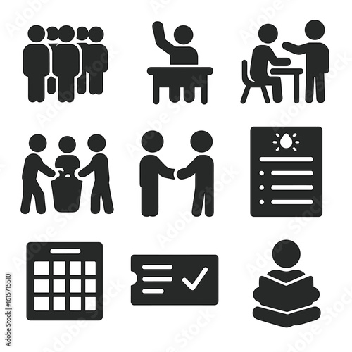 Classroom Routine Icons. Solid style icons of classroom behavior and routines: lining up, raising hand, following instructions,