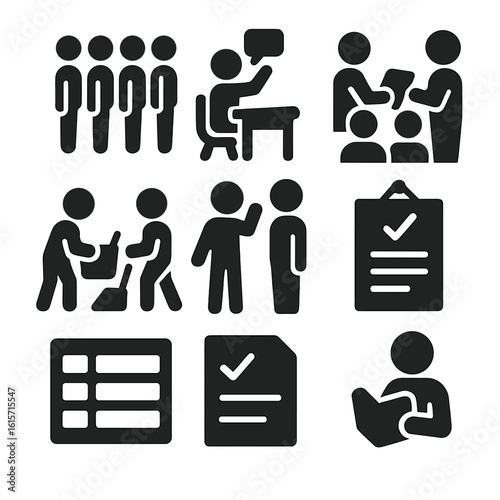 Classroom Routine Icons. Solid style icons of classroom behavior and routines: lining up, raising hand, following instructions,