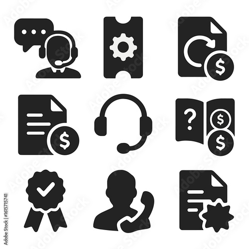 Customer Support Icons. Solid style icons of customer support and resolution: chat with payment agent, support ticket icon, refund
