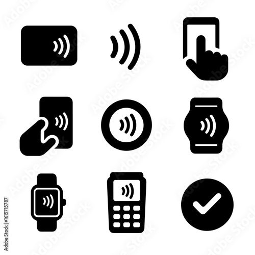 Contactless Payment Icons. Solid style icons of tap-to-pay experiences: contactless card symbol, NFC waves, tap icon on phone, tap