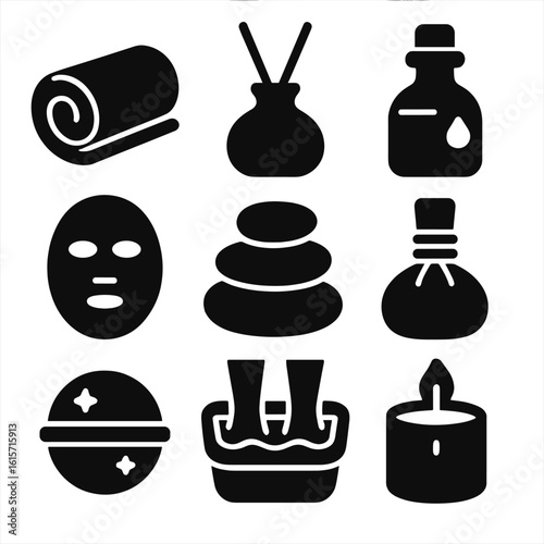 Spa Essentials Icons. Solid style icons of spa and relaxation items: towel roll, aroma diffuser, massage oil bottle, facial sheet