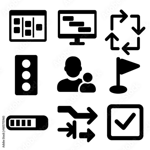 Project Management Icons. Solid style icons of project and workflow tools: Kanban board, Gantt chart screen, workflow arrows,