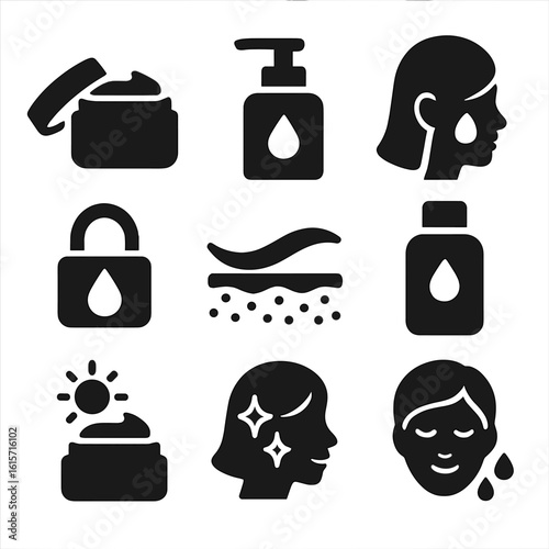 Moisturizing Icons Collection. Solid style icons of moisturizing step: cream jar open, lotion pump, hydrating droplet on face,