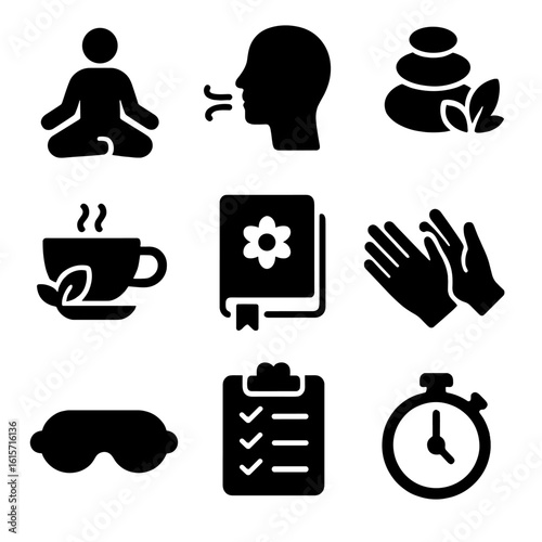 Wellness Practices Icons. Solid style icons of wellness practices: meditation sitting pose, breathing exercise icon, spa stone