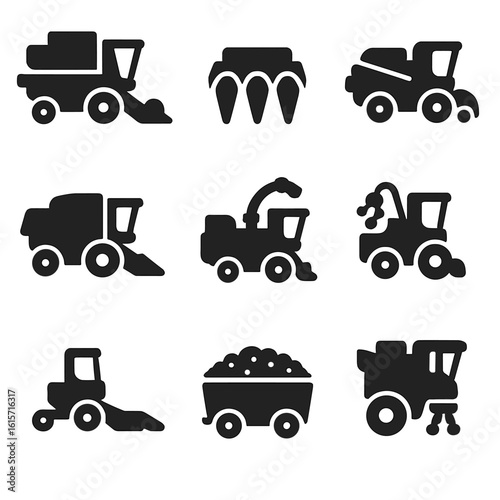 Solid Style Harvest Icons. Solid style icons of harvesting equipment: grain harvester, corn header, potato harvester, forage