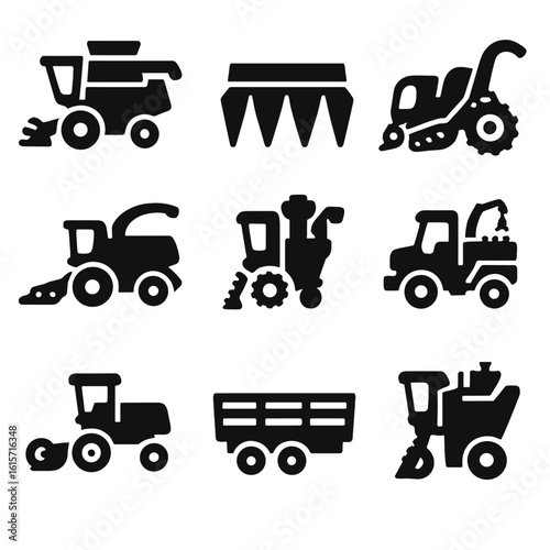 Solid Style Harvest Icons. Solid style icons of harvesting equipment: grain harvester, corn header, potato harvester, forage