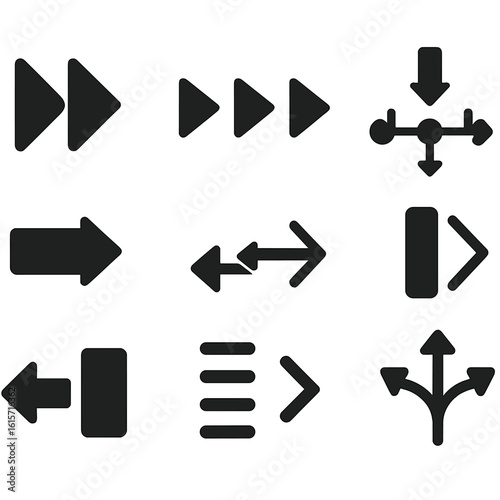 Solid Navigation Icons. Solid style icons of breadcrumb and page navigation: step arrows, breadcrumb triangle, navigation flow